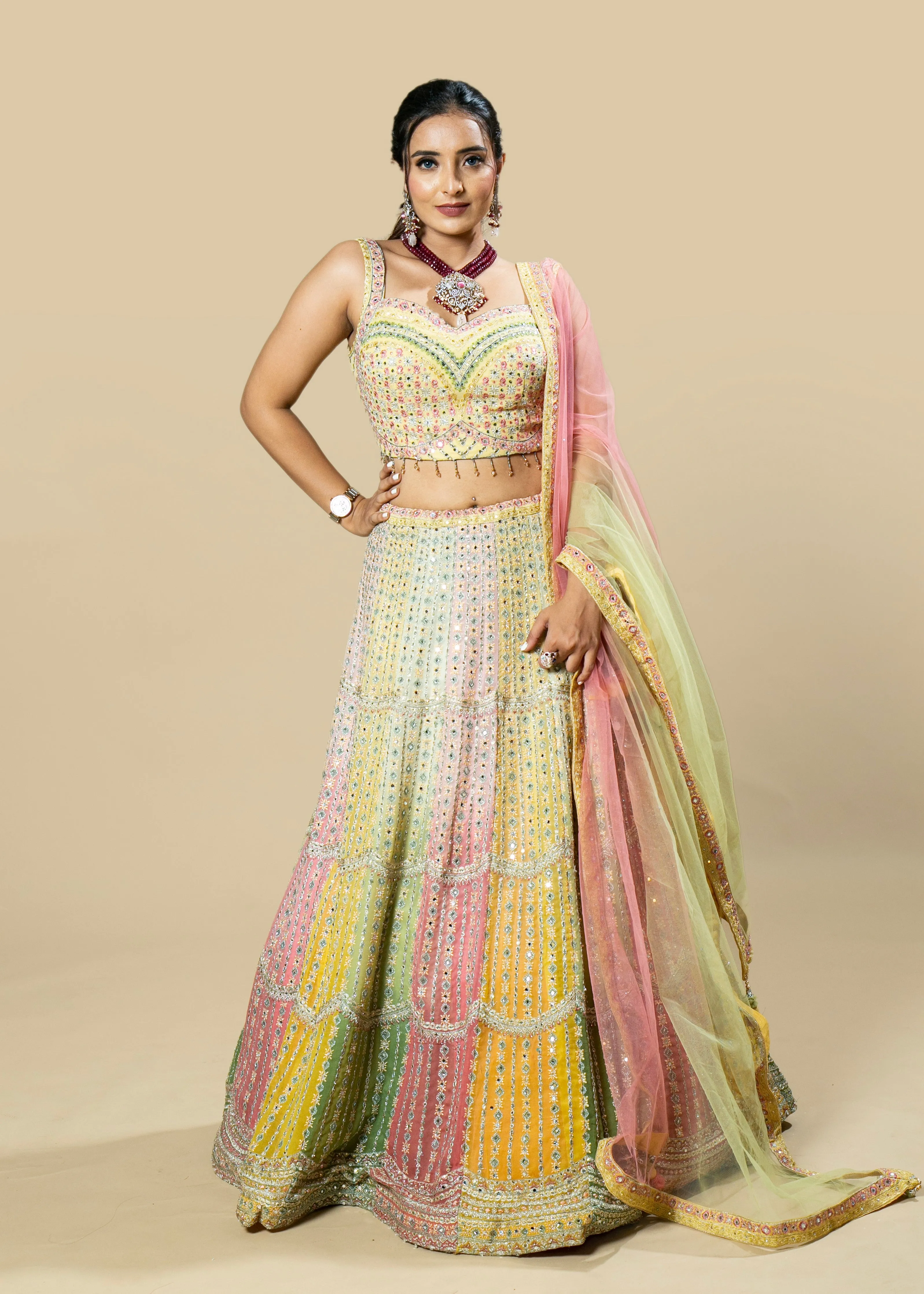 Multi-Colored Embroidered Georgette Blouse and Skirt Set with Pink Net Dupatta