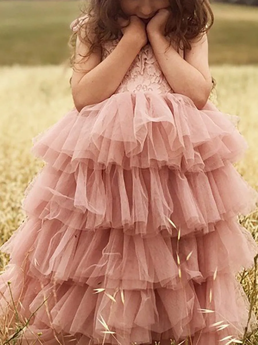 Multi-Layered Tulle Princess Flower Girl Dress with Spaghetti Straps