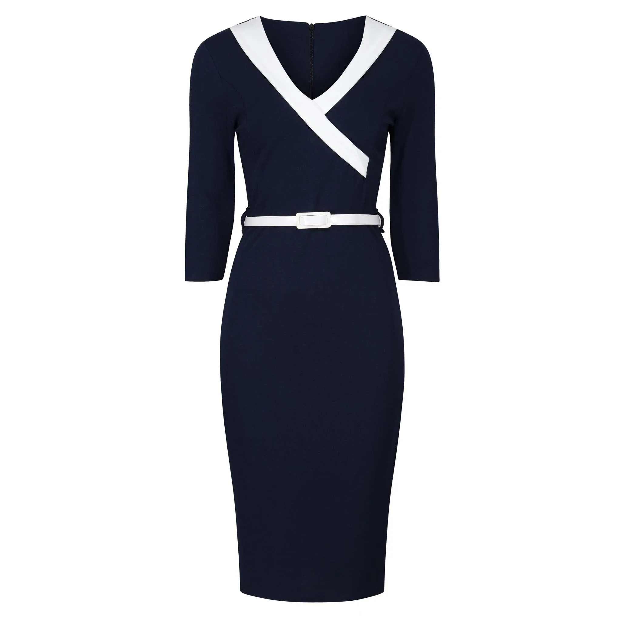 Navy Blue V Neck Wrap Effect 3/4 Sleeve Midi Pencil Dress