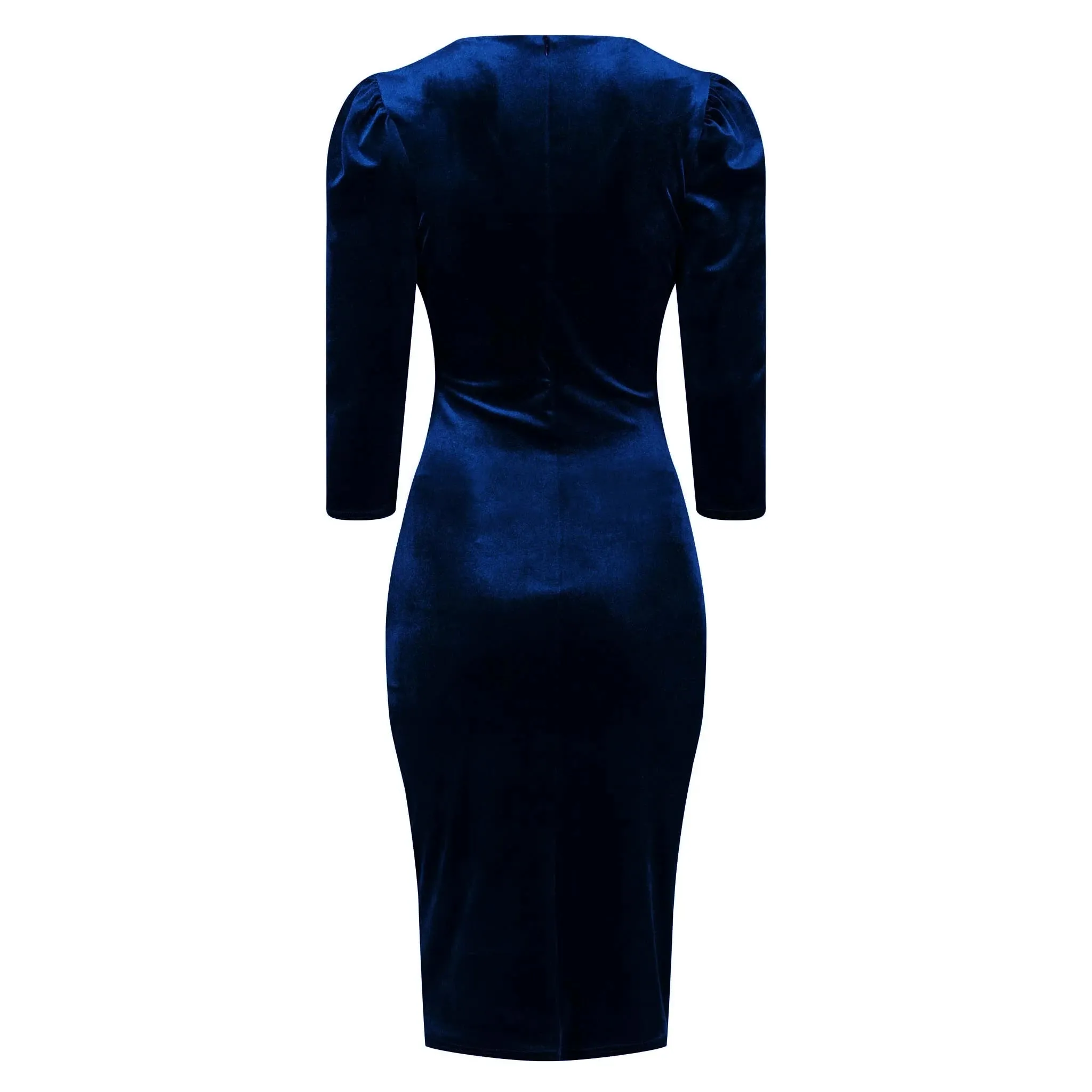 Navy Blue Velour Wrapover 3/4 Sleeve Midi Dress