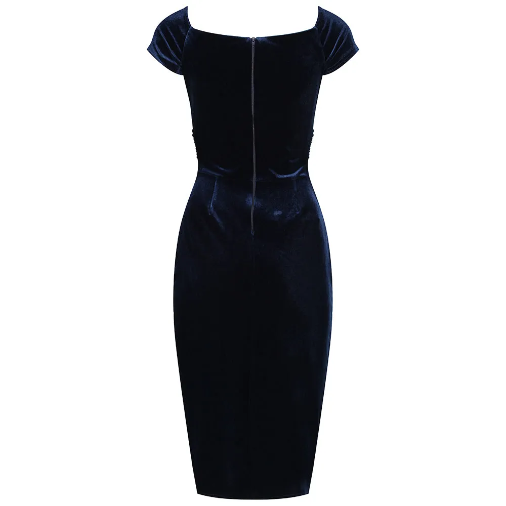 Vintage 1940s-Style Navy Blue Velour Crossover Bust Wiggle Dress