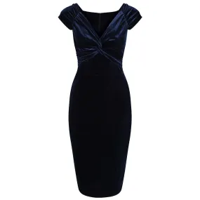 Vintage 1940s-Style Navy Blue Velour Crossover Bust Wiggle Dress