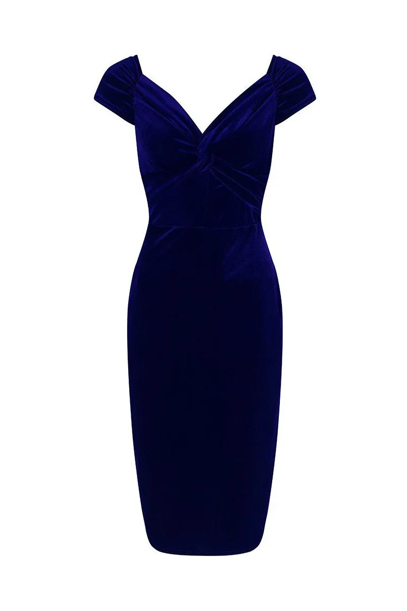 Vintage 1940s-Style Navy Blue Velour Crossover Bust Wiggle Dress