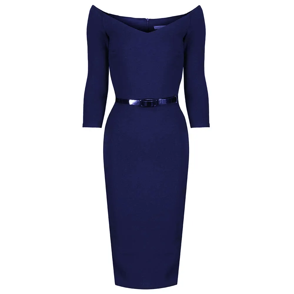 Navy Blue Wide V Neck 3/4 Sleeve Vintage Belted Bodycon Pencil Dress