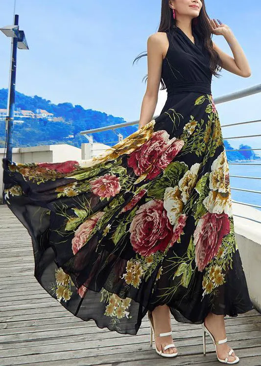 New Black V Neck Print Chiffon Long Dresses Sleeveless AS1042