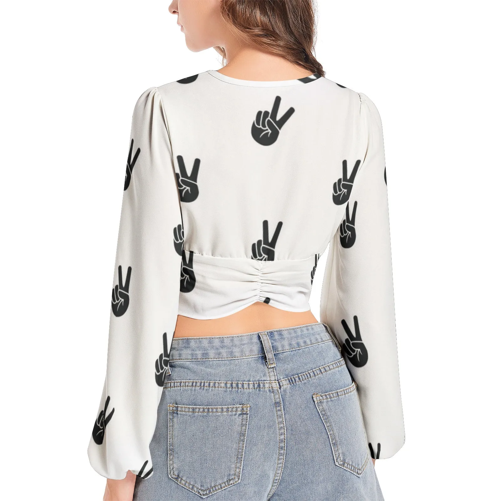 Peace Sign Women's Deep V-Neck Lantern Sleeve Crop Top