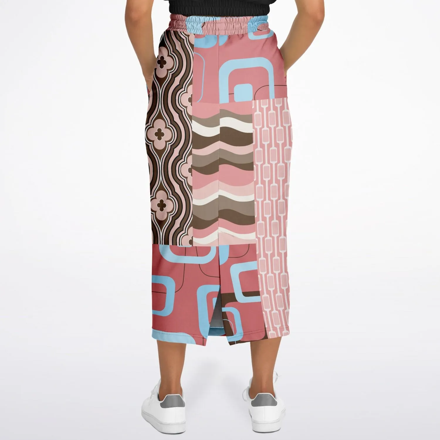 Pink Geo Retro Patchwork Eco-Poly Long Pocket Skirt