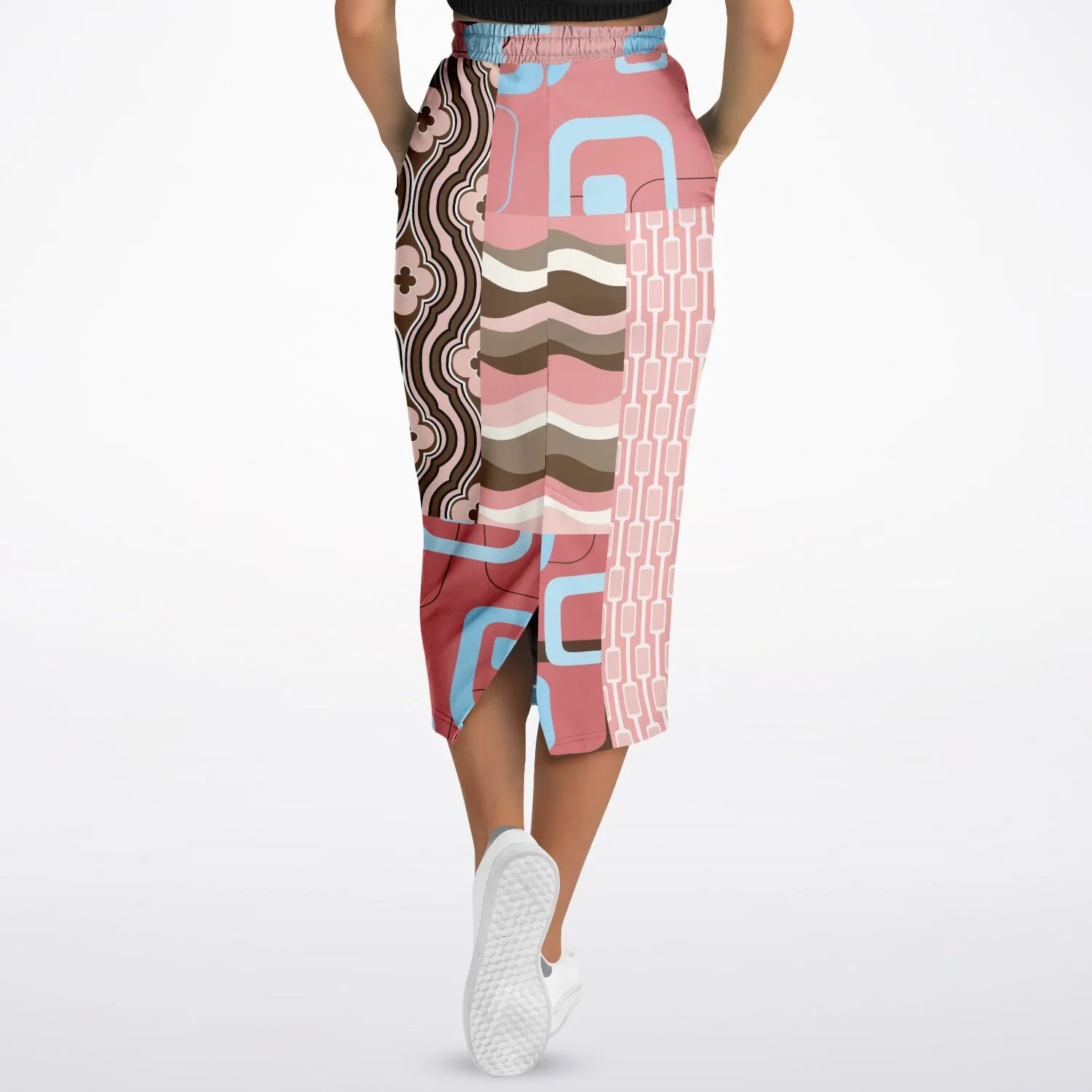 Pink Geo Retro Patchwork Eco-Poly Long Pocket Skirt