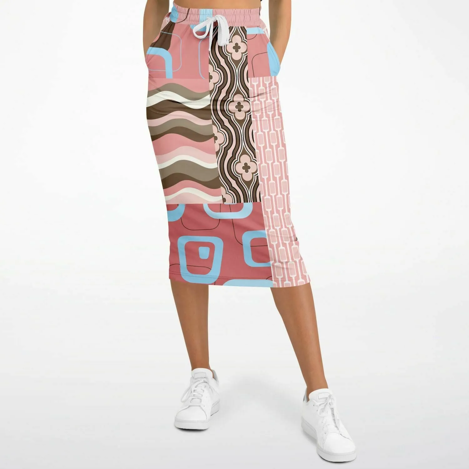 Pink Geo Retro Patchwork Eco-Poly Long Pocket Skirt