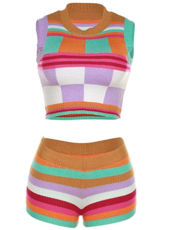 Plaid Striped Knitted Sleeveless Vest Crop Top Shorts Set