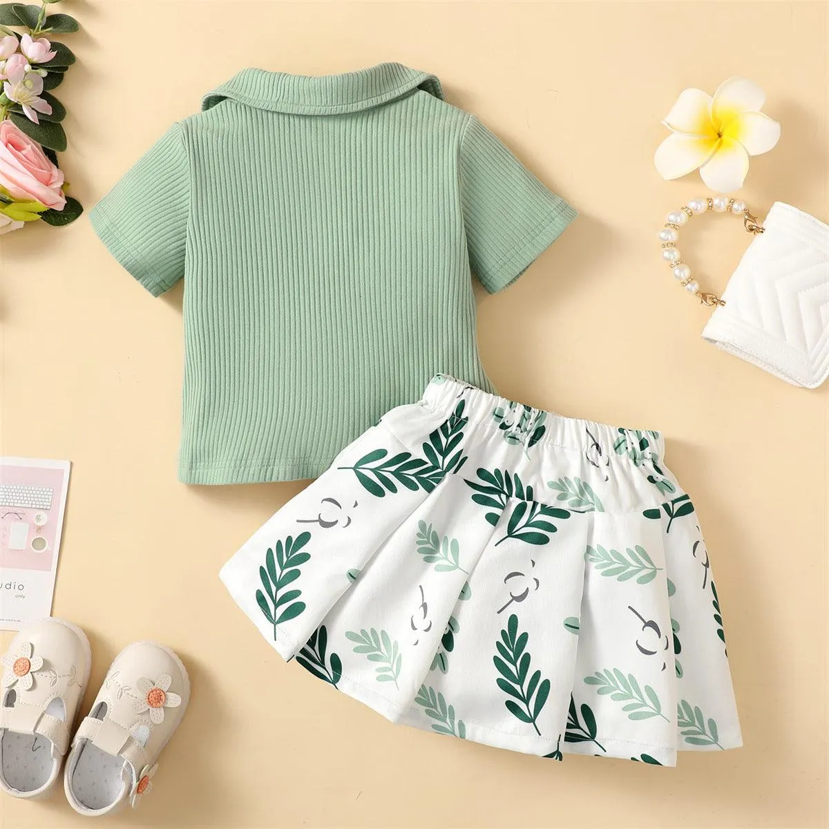 Polo Light Green Top Printed Skirt Two-piece Suit Skirt