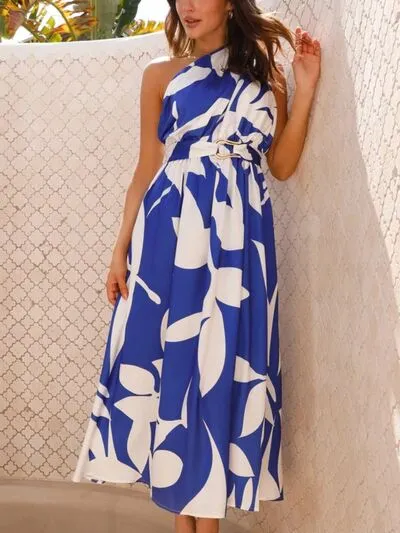 Printed Ruched One Shoulder Dress