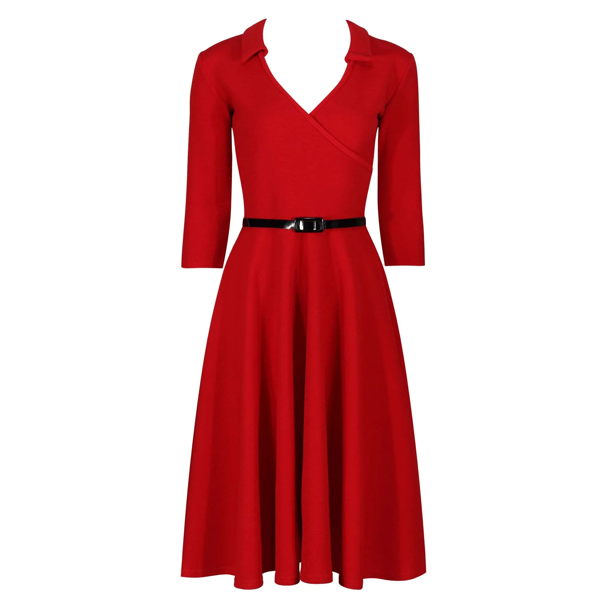 Red 3/4 Sleeve Collar Wrap Effect Swing Dress