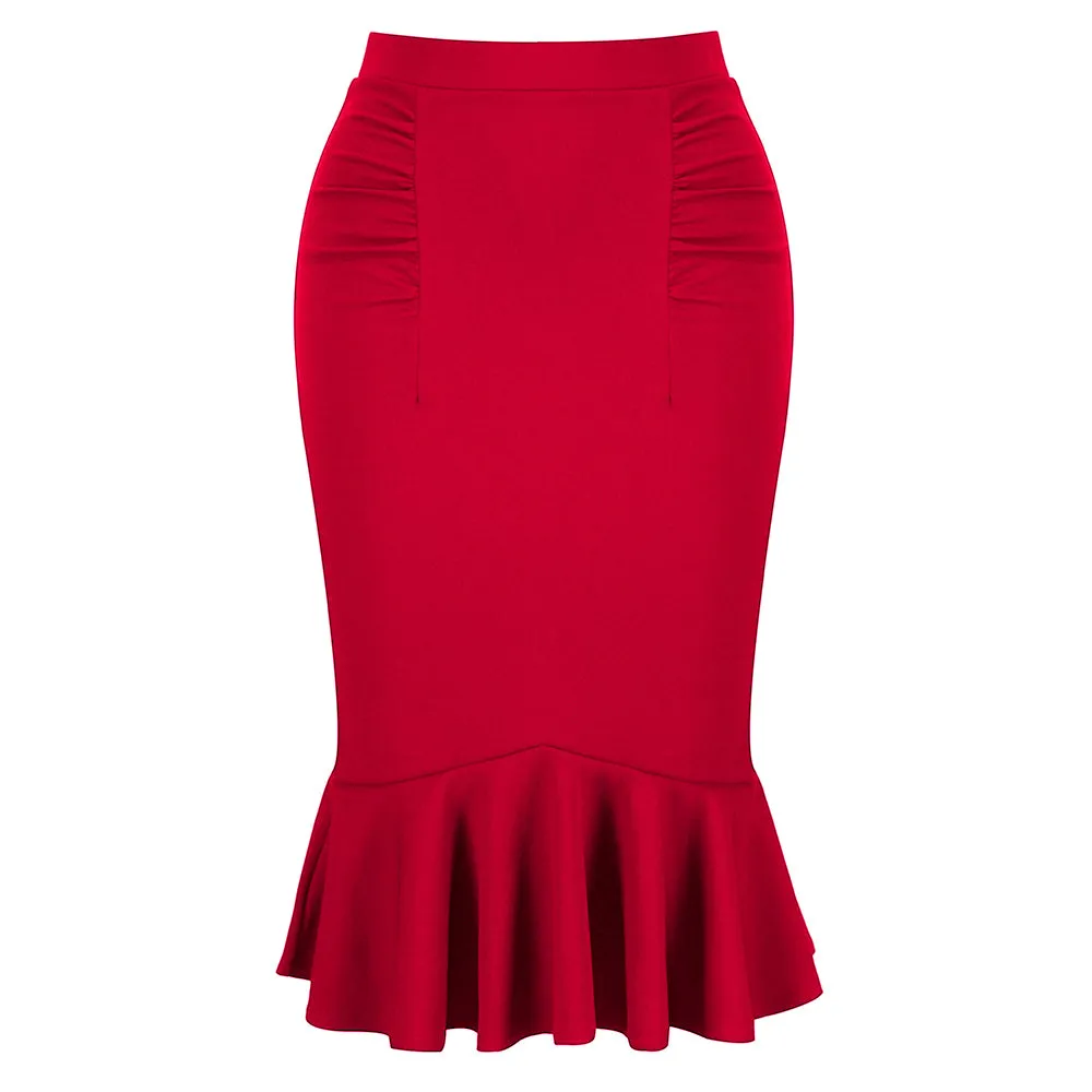 Red Peplum Fishtail Stretch Pencil Bodycon Skirt