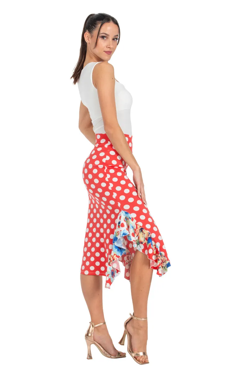 Red Polka-Dot Bodycon Midi Dance Skirt With Side Ruffles