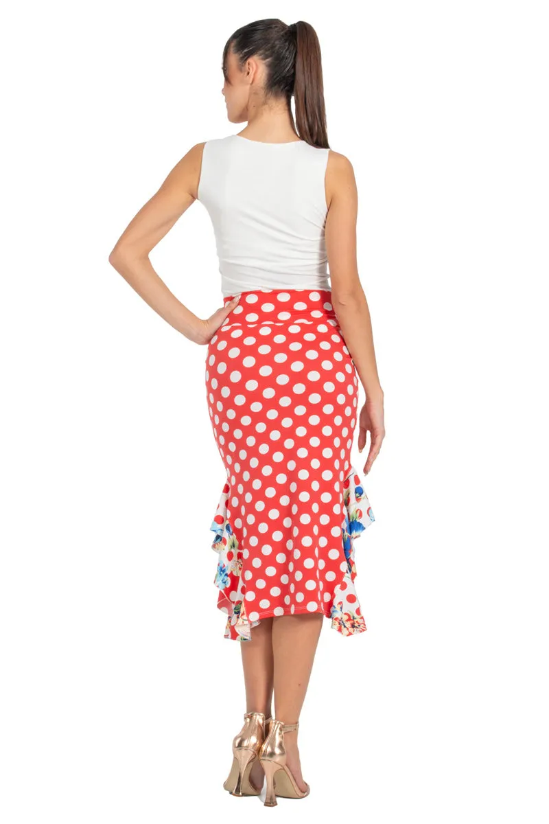 Red Polka-Dot Bodycon Midi Dance Skirt With Side Ruffles