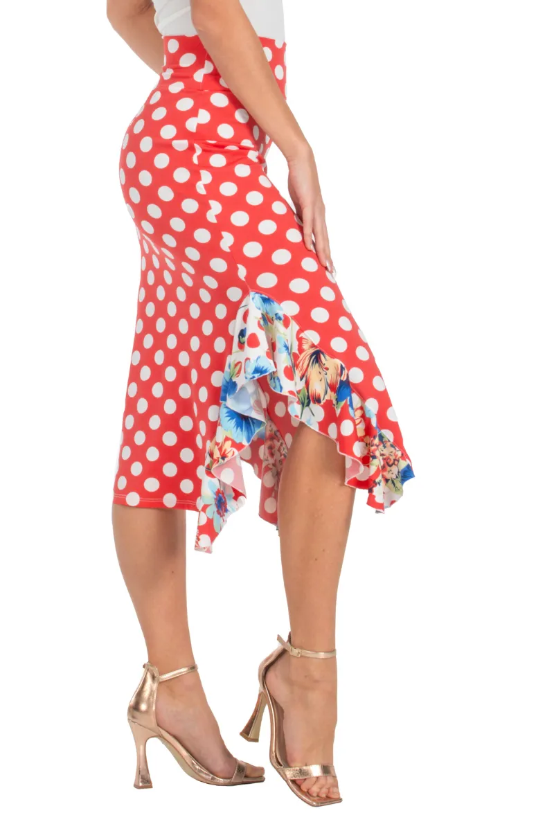 Red Polka-Dot Bodycon Midi Dance Skirt With Side Ruffles