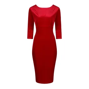 Red Velour Boatneck 3/4 Sleeve Bodycon Gathered Waist Wiggle Dress