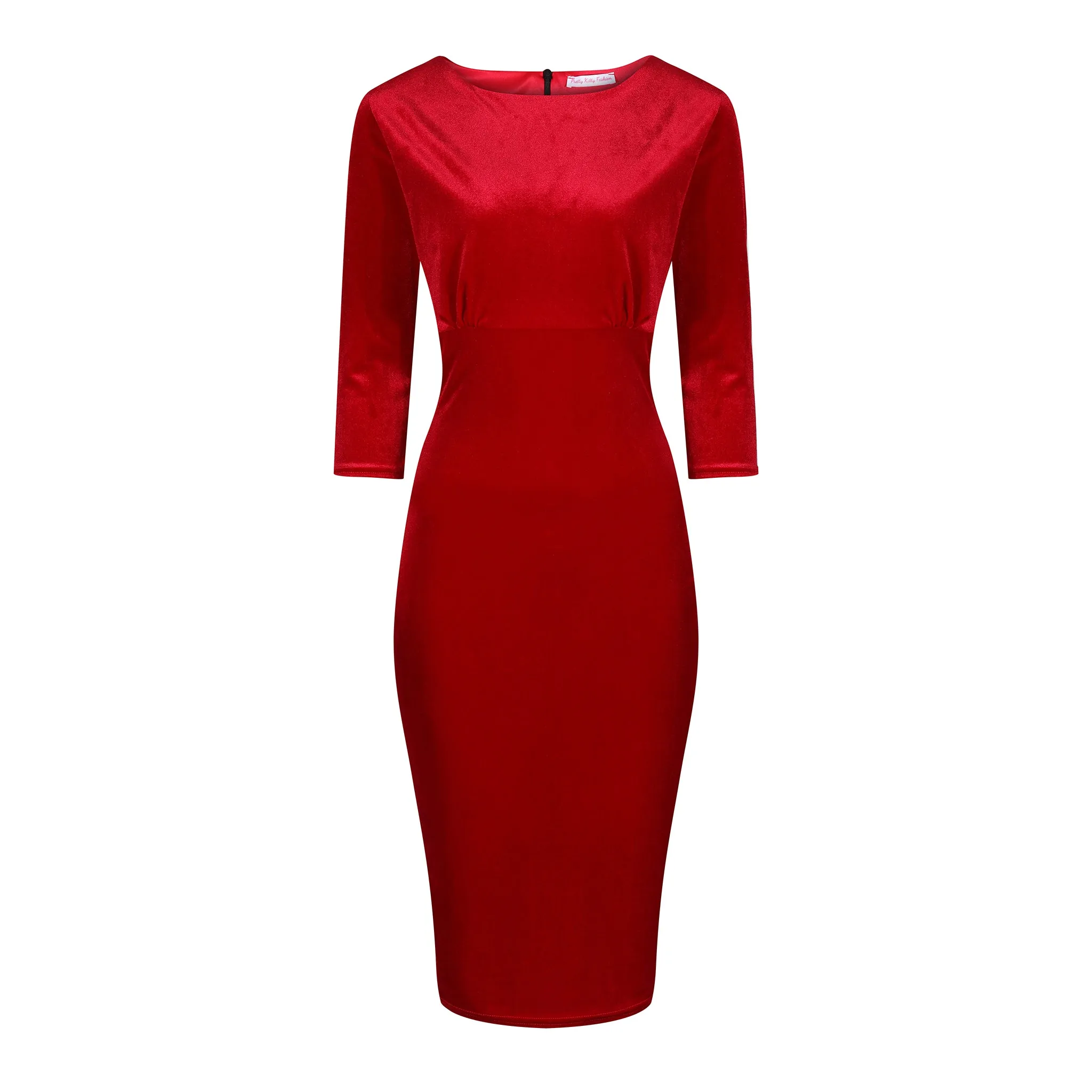 Red Velour Boatneck 3/4 Sleeve Bodycon Gathered Waist Wiggle Dress