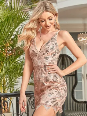 Robe de cocktail courte à paillettes en V profond