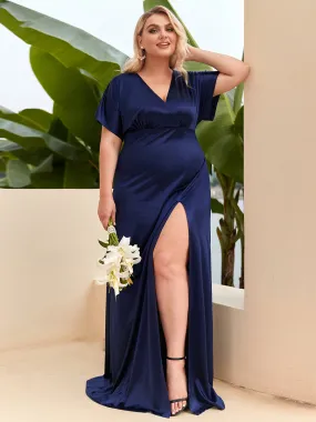 Robe de Soirée Satin Manches Chauve-Souris Fendue de Grande Taille