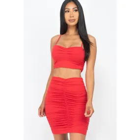 Ruched Crop Top And Skirt Sets