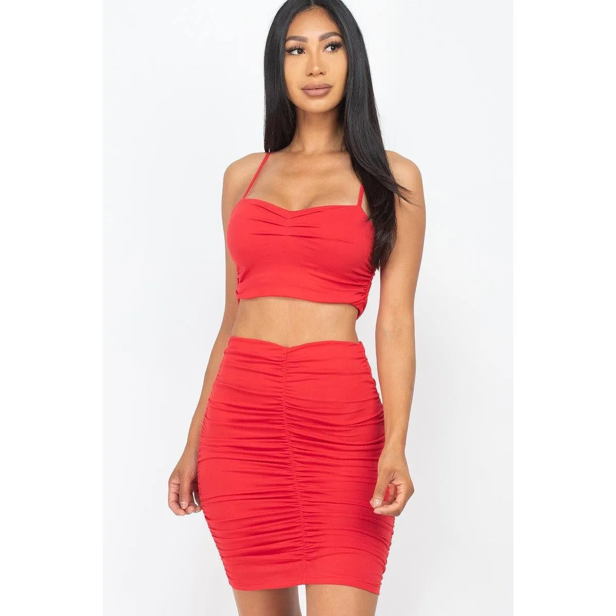 Ruched Crop Top And Skirt Sets