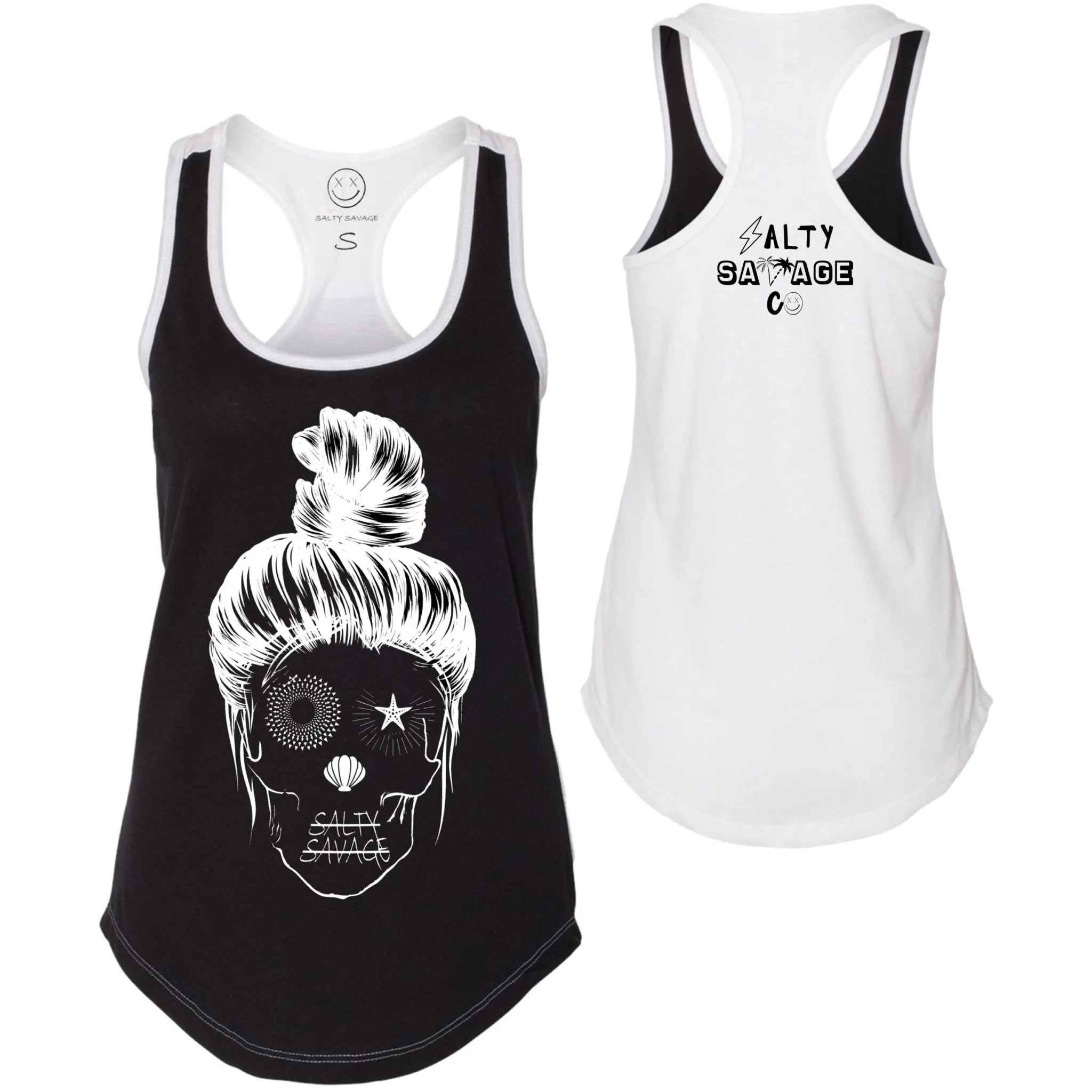 Salty Savage Ladies "Messy Bun" Two Tone Racerback Tank | Black/White