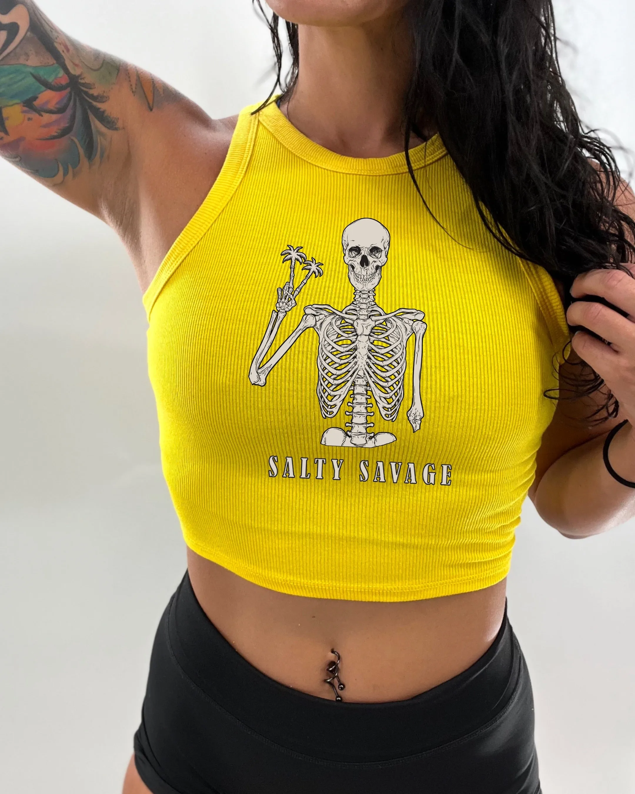 Salty Savage Ladies "Peace Skeleton" Micro Ribbed High Neck Crop Tank