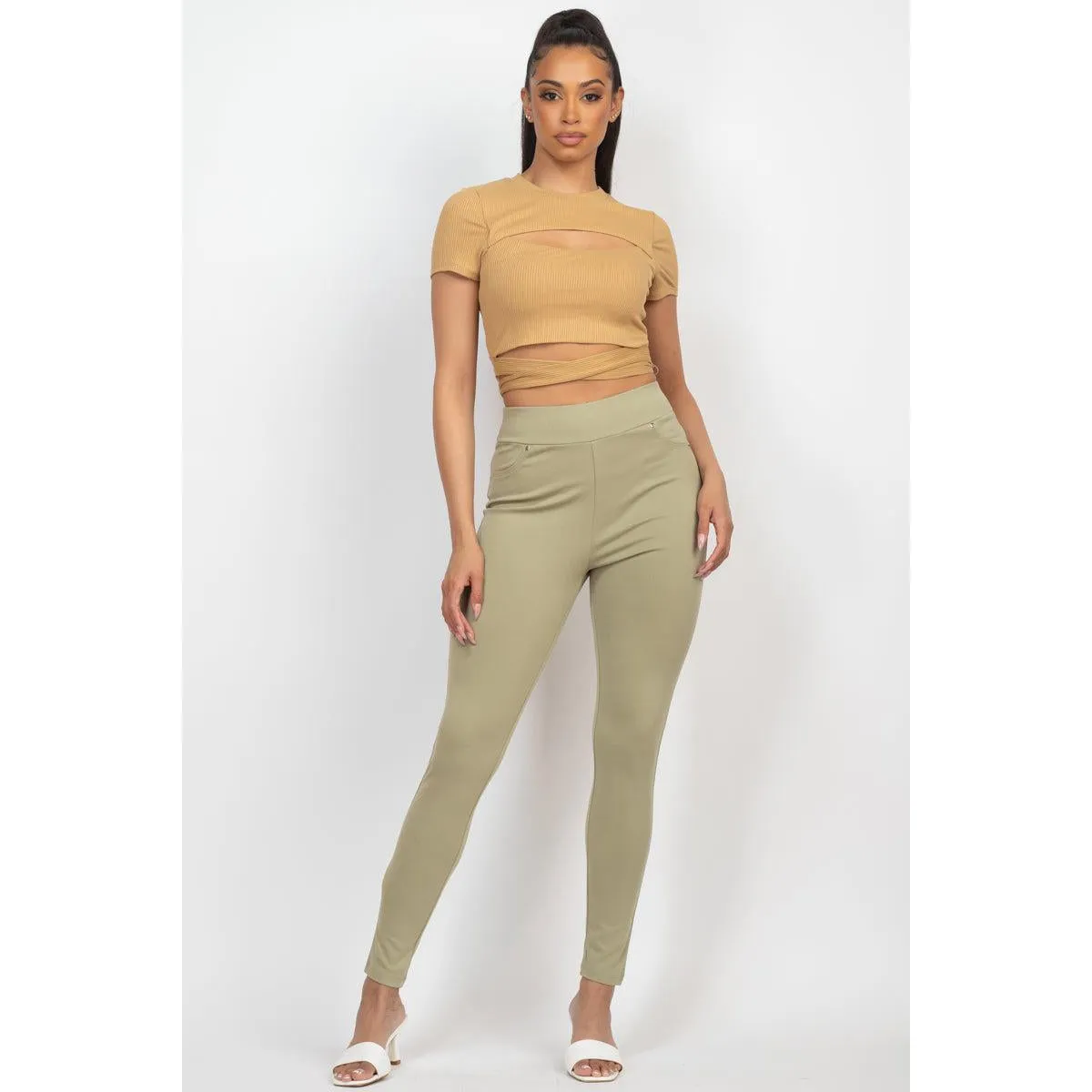 Self-tie Ribbon Front Cutout Crop Top