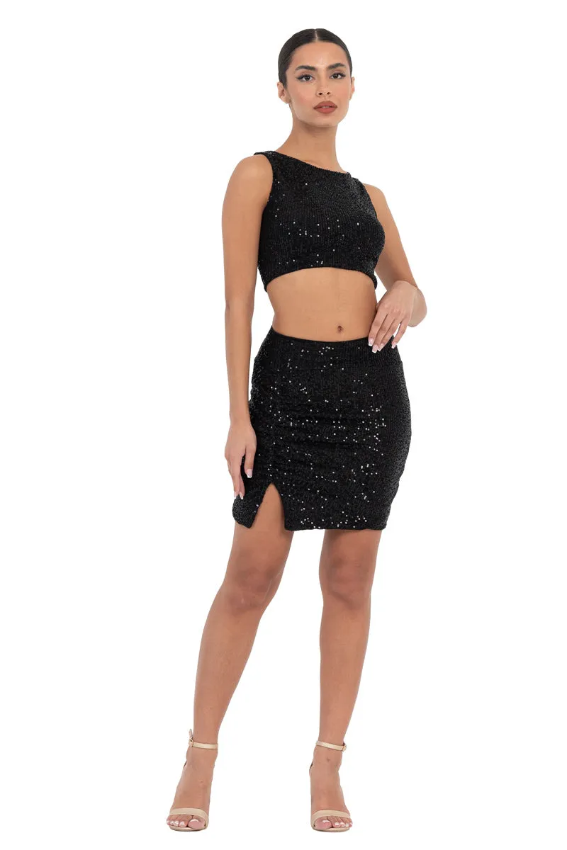 Sequinned Mini Skirt With Side Slit