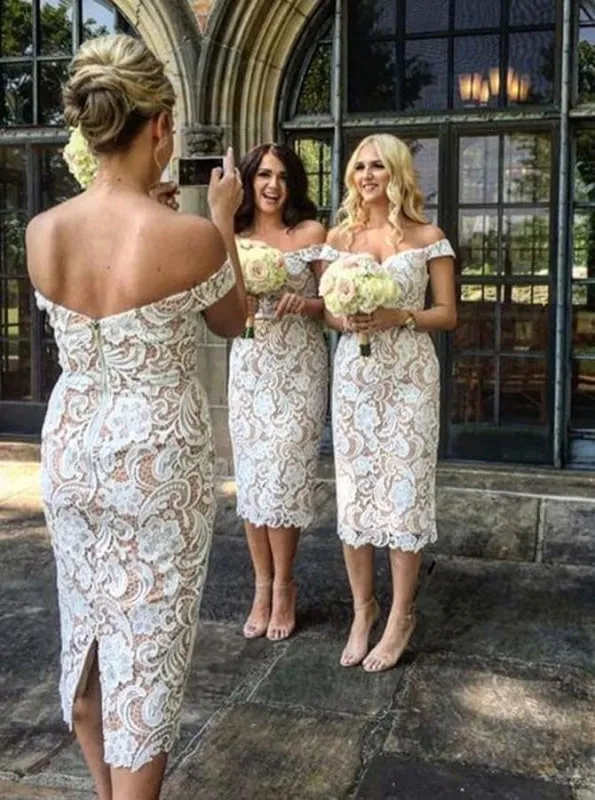 Sheath Off Shoulder Mid-Calf Ivory Lace Bridesmaid Dress