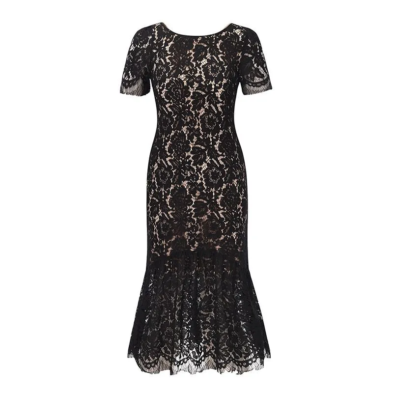 Short Sleeve Lined Floral Lace Flare Trumpet Hem Midi Sheath Dress