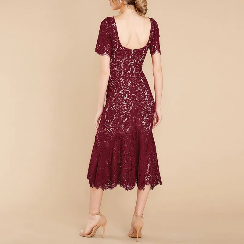 Short Sleeve Lined Floral Lace Flare Trumpet Hem Midi Sheath Dress