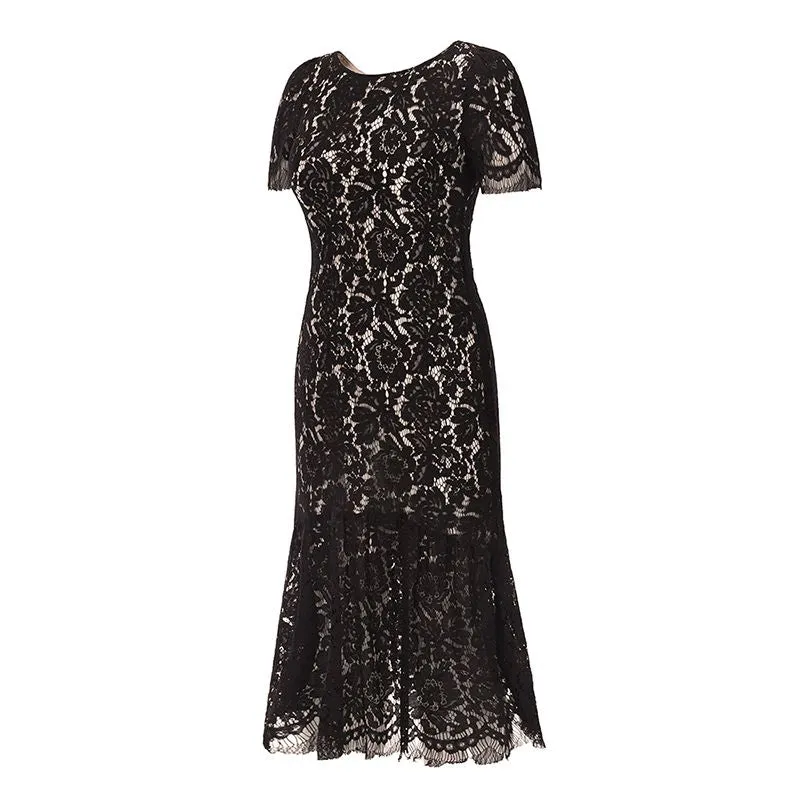 Short Sleeve Lined Floral Lace Flare Trumpet Hem Midi Sheath Dress