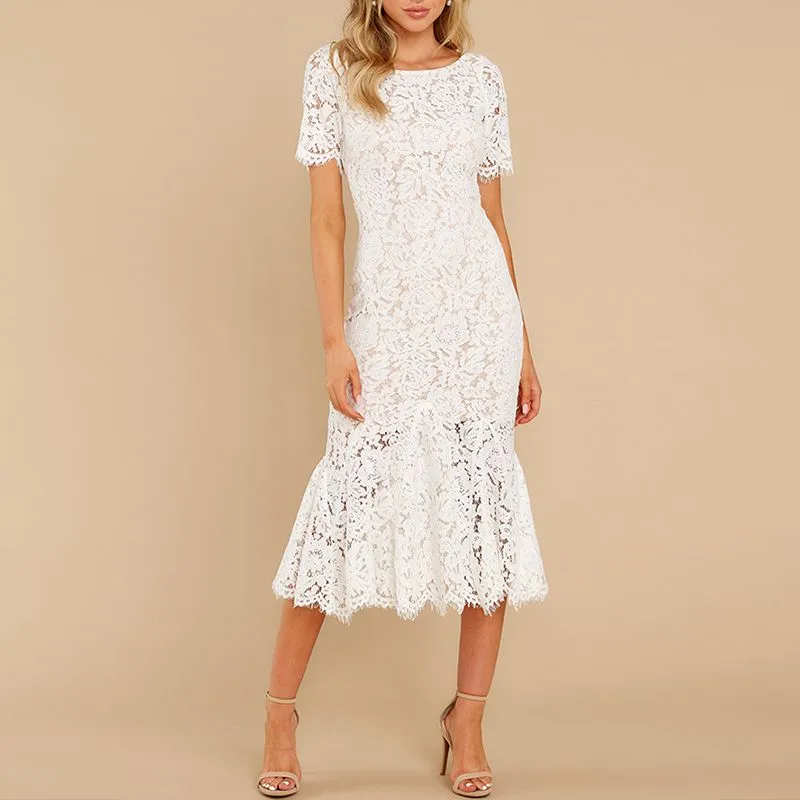 Short Sleeve Lined Floral Lace Flare Trumpet Hem Midi Sheath Dress