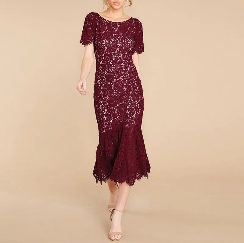 Short Sleeve Lined Floral Lace Flare Trumpet Hem Midi Sheath Dress