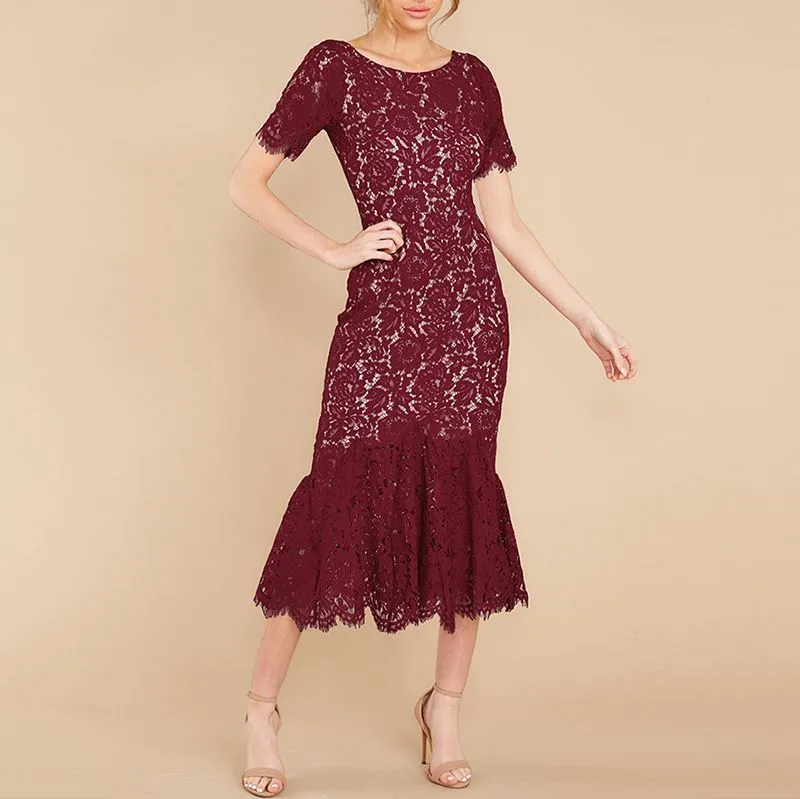 Short Sleeve Lined Floral Lace Flare Trumpet Hem Midi Sheath Dress