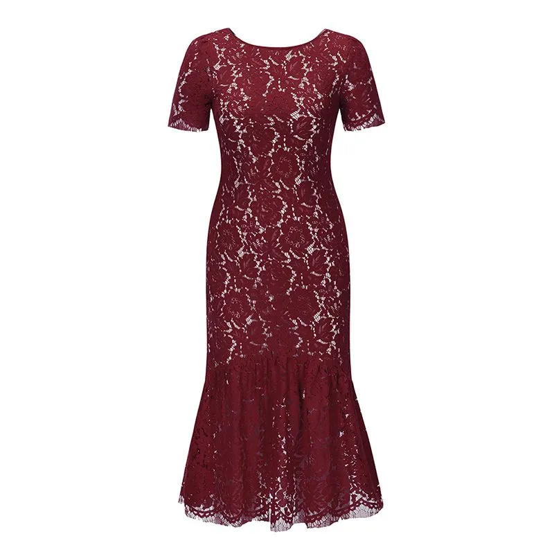 Short Sleeve Lined Floral Lace Flare Trumpet Hem Midi Sheath Dress