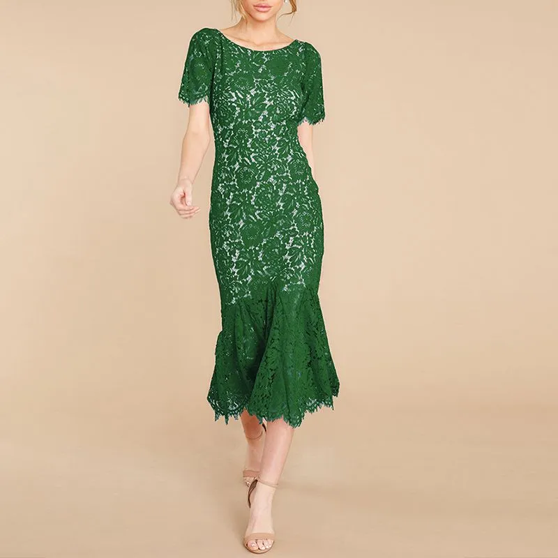 Short Sleeve Lined Floral Lace Flare Trumpet Hem Midi Sheath Dress