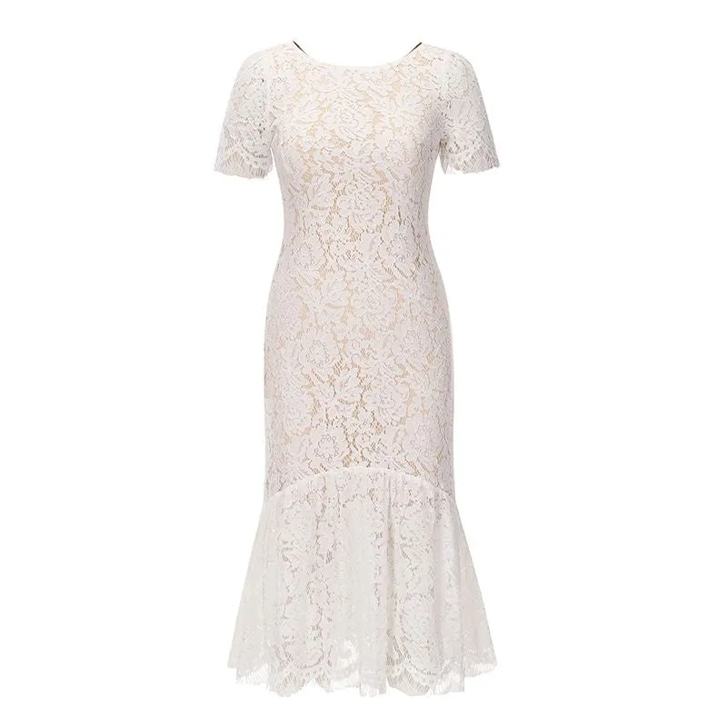 Short Sleeve Lined Floral Lace Flare Trumpet Hem Midi Sheath Dress