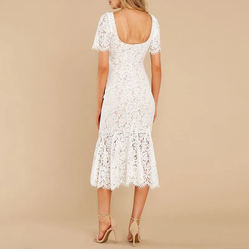 Short Sleeve Lined Floral Lace Flare Trumpet Hem Midi Sheath Dress