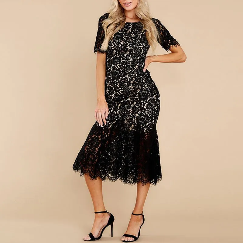 Short Sleeve Lined Floral Lace Flare Trumpet Hem Midi Sheath Dress