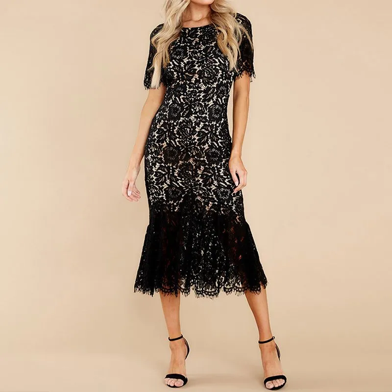 Short Sleeve Lined Floral Lace Flare Trumpet Hem Midi Sheath Dress