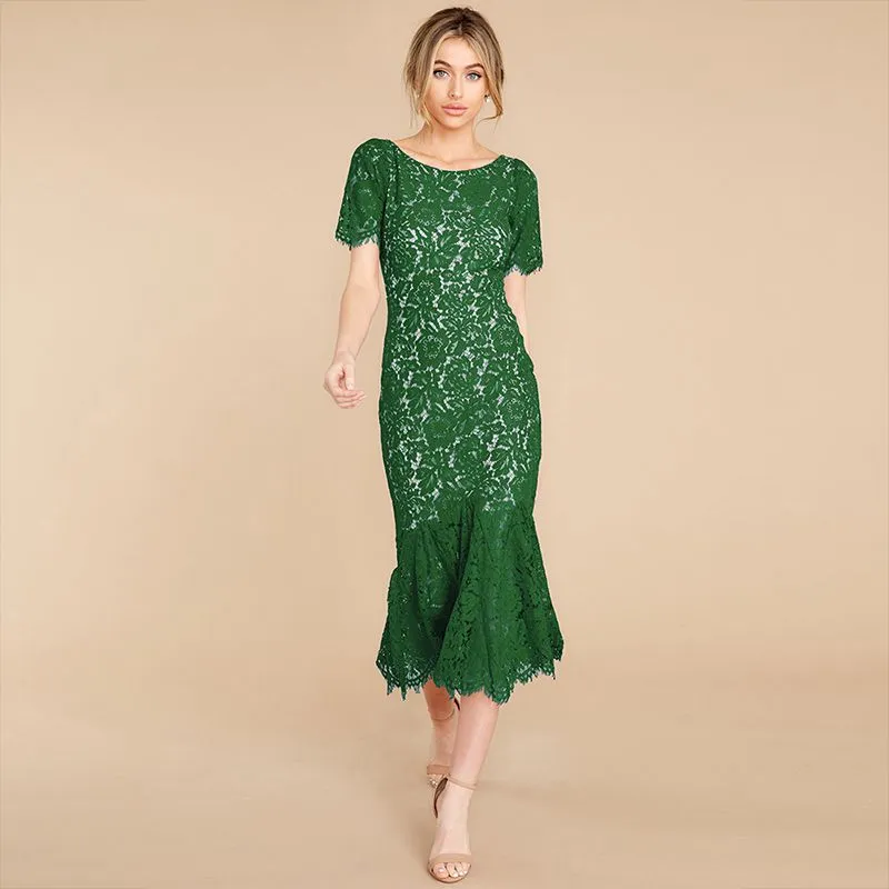 Short Sleeve Lined Floral Lace Flare Trumpet Hem Midi Sheath Dress