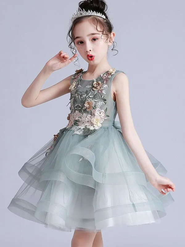 Short Sleeves Embroidered Kids Party Dresses White Jewel Neck Flower Girl Dresses