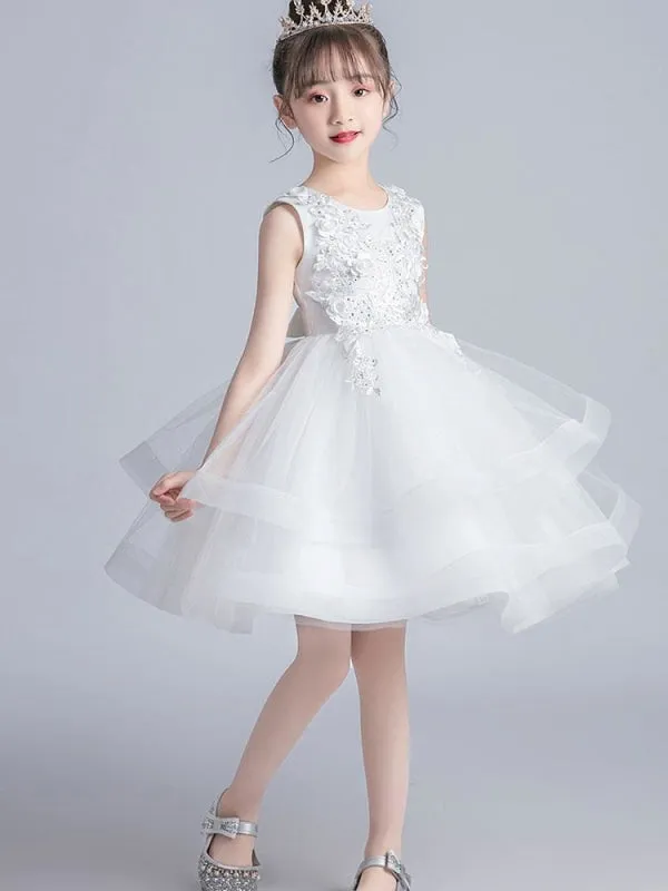 Short Sleeves Embroidered Kids Party Dresses White Jewel Neck Flower Girl Dresses