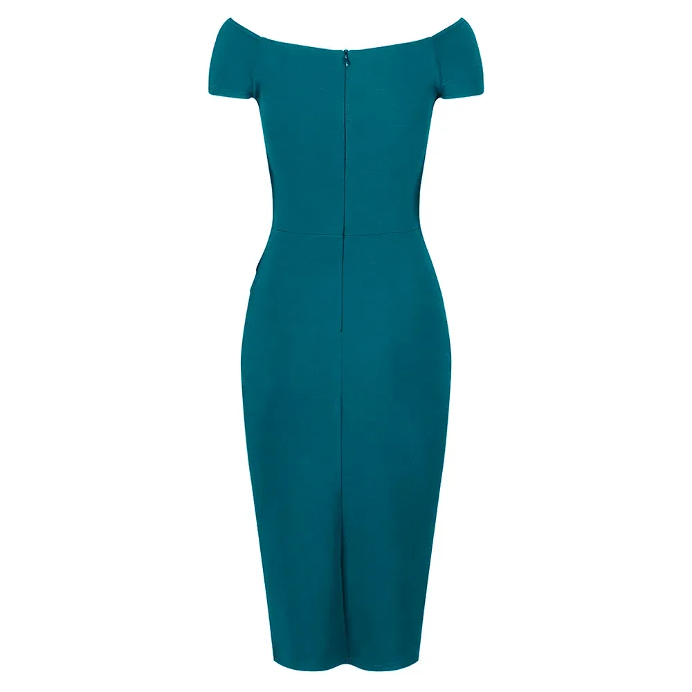 Teal Cap Sleeve Crossover Top Bardot Wiggle Dress