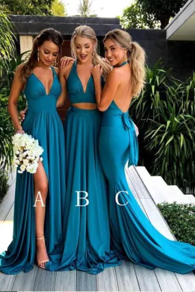 Teal Deep V Neck Sleeveless Bridesmaid Dress