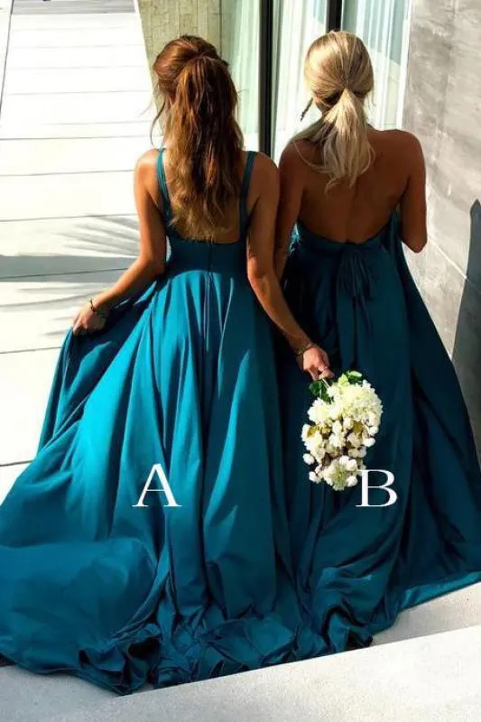 Teal Deep V Neck Sleeveless Bridesmaid Dress